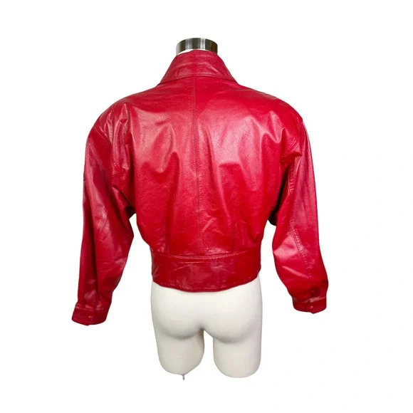 Vintage 1980's Red Leather Cropped Pelle Cuir Moto Jacket - Lined - Size M - Picture 6 of 10